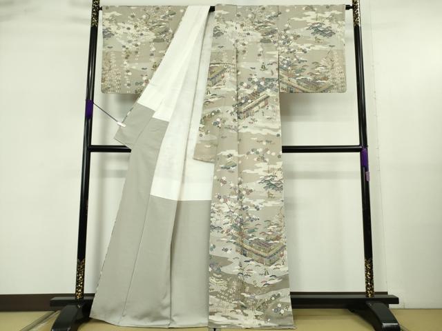 平和屋本店●極上　中国三大刺繍　スワトウ刺繍　汕頭刺繍　訪問着　城下町人物文　亜麻色地　鬼しぼ縮緬　金糸　逸品　DZAB5622kh6