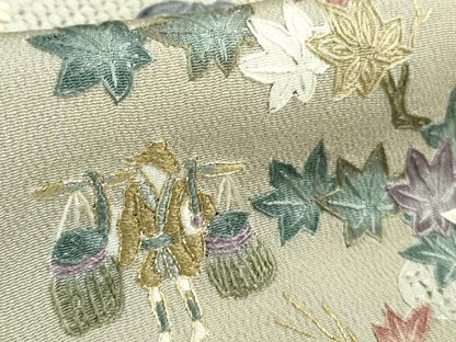 平和屋本店●極上　中国三大刺繍　スワトウ刺繍　汕頭刺繍　訪問着　城下町人物文　亜麻色地　鬼しぼ縮緬　金糸　逸品　DZAB5622kh6