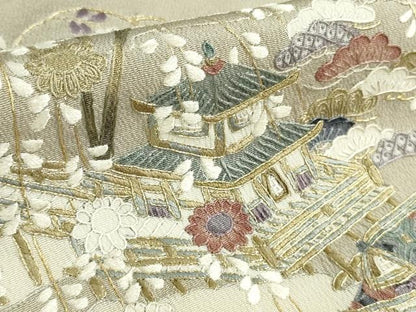 平和屋本店●極上　中国三大刺繍　スワトウ刺繍　汕頭刺繍　訪問着　城下町人物文　亜麻色地　鬼しぼ縮緬　金糸　逸品　DZAB5622kh6