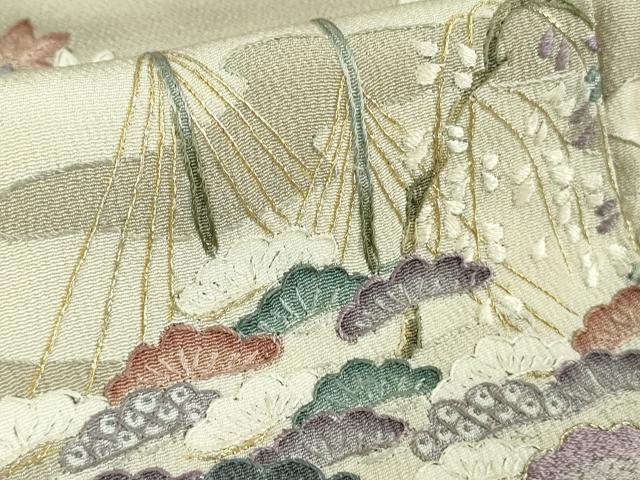 平和屋本店●極上　中国三大刺繍　スワトウ刺繍　汕頭刺繍　訪問着　城下町人物文　亜麻色地　鬼しぼ縮緬　金糸　逸品　DZAB5622kh6