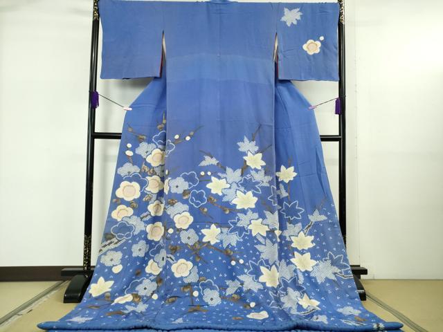 平和屋本店●極上　アンティーク 大正ロマン 訪問着 お引きずり・お引き摺り 舞妓 芸妓 芸者　梅　楓　杜若色地　金彩　逸品　DZAB5624kh6
