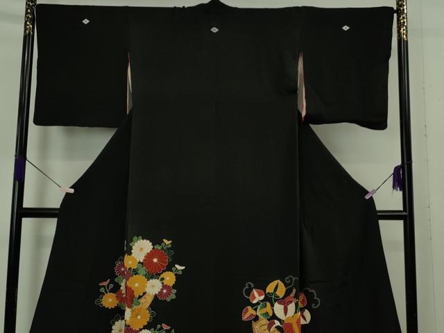 平和屋本店●極上　アンティーク　大正ロマン　お引きずり・お引き摺り　黒留袖　舞妓　芸妓　芸者　駒刺繍　花舟　逸品　DZAB5625kh6