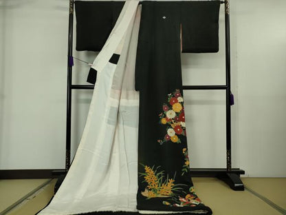 平和屋本店●極上　アンティーク　大正ロマン　お引きずり・お引き摺り　黒留袖　舞妓　芸妓　芸者　駒刺繍　花舟　逸品　DZAB5625kh6