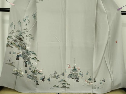 平和屋着物●極上　京友禅工芸作家　小宮山彌一　訪問着　祇園祭　人物風景　暈し染め　灰青色地　逸品　未使用　DZAB5633kh6