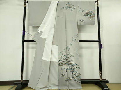 平和屋着物●極上　京友禅工芸作家　小宮山彌一　訪問着　祇園祭　人物風景　暈し染め　灰青色地　逸品　未使用　DZAB5633kh6