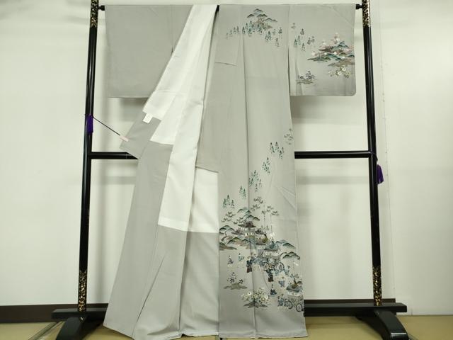 平和屋着物●極上　京友禅工芸作家　小宮山彌一　訪問着　祇園祭　人物風景　暈し染め　灰青色地　逸品　未使用　DZAB5633kh6