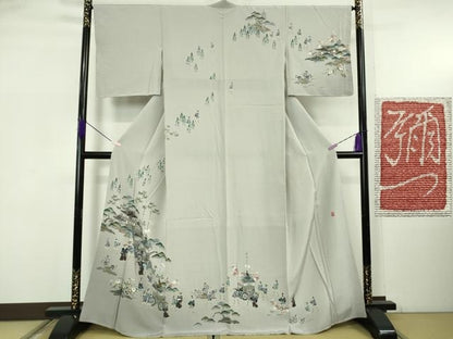 平和屋着物●極上　京友禅工芸作家　小宮山彌一　訪問着　祇園祭　人物風景　暈し染め　灰青色地　逸品　未使用　DZAB5633kh6