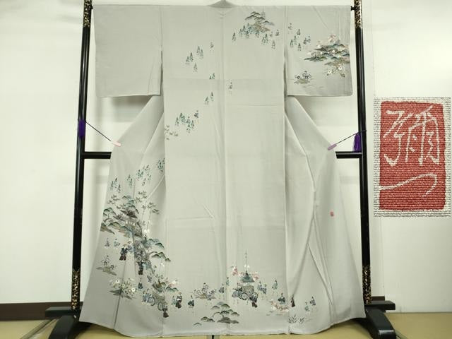 平和屋着物●極上　京友禅工芸作家　小宮山彌一　訪問着　祇園祭　人物風景　暈し染め　灰青色地　逸品　未使用　DZAB5633kh6