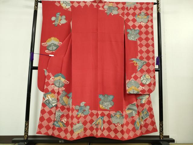 平和屋着物○極上 振袖 型染 成り物 冊子 鳥 糸車 朱色地 鬼