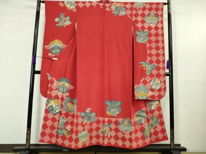 平和屋着物●極上　振袖　型染　成り物　冊子　鳥　糸車　朱色地　鬼しぼ縮緬　逸品　DZAB5634kh6