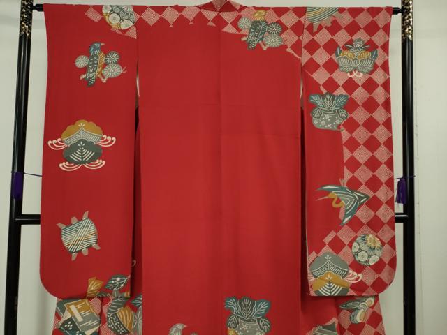平和屋着物●極上　振袖　型染　成り物　冊子　鳥　糸車　朱色地　鬼しぼ縮緬　逸品　DZAB5634kh6