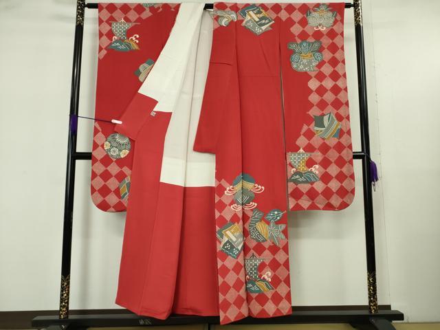 平和屋着物●極上　振袖　型染　成り物　冊子　鳥　糸車　朱色地　鬼しぼ縮緬　逸品　DZAB5634kh6