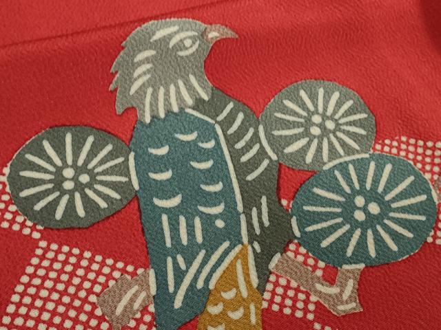 平和屋着物●極上　振袖　型染　成り物　冊子　鳥　糸車　朱色地　鬼しぼ縮緬　逸品　DZAB5634kh6 平和屋着物○極上 振袖 型染 成り物 冊子 鳥 糸車 朱色地 鬼しぼ縮緬