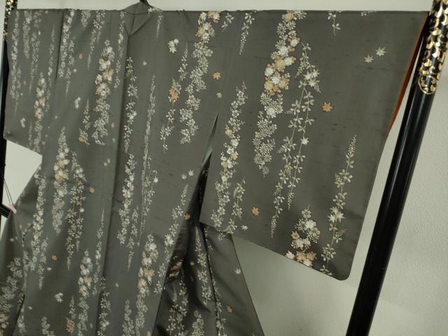 平和屋着物●極上　石川県指定無形文化財　牛首紬　白山工房　手織り　枝垂れ花　藍墨茶色地　逸品　DZAB5637kh6