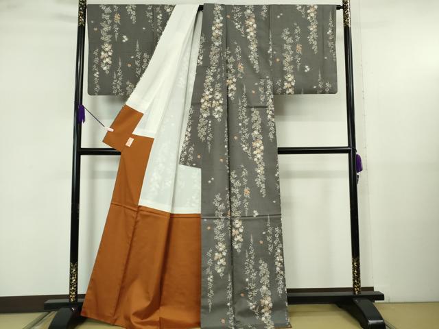 平和屋着物●極上　石川県指定無形文化財　牛首紬　白山工房　手織り　枝垂れ花　藍墨茶色地　逸品　DZAB5637kh6