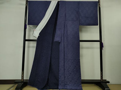 平和屋着物▽極上　お召　単衣　菱地紋　パンジー色地　逸品　DZAB5644kh6