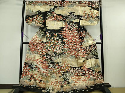 平和屋本店●最高級　中国三大刺繍　スワトウ刺繍　汕頭刺繍　相良刺繍　訪問着　渡橋風景花文　黒地　金通し地　本金箔　逸品　DZAB5647kh6