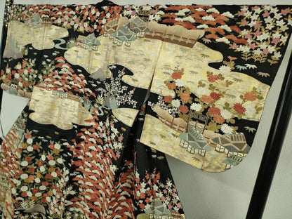 平和屋本店●最高級　中国三大刺繍　スワトウ刺繍　汕頭刺繍　相良刺繍　訪問着　渡橋風景花文　黒地　金通し地　本金箔　逸品　DZAB5647kh6