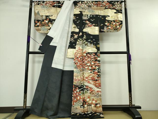 平和屋本店●最高級　中国三大刺繍　スワトウ刺繍　汕頭刺繍　相良刺繍　訪問着　渡橋風景花文　黒地　金通し地　本金箔　逸品　DZAB5647kh6