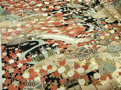平和屋本店●最高級　中国三大刺繍　スワトウ刺繍　汕頭刺繍　相良刺繍　訪問着　渡橋風景花文　黒地　金通し地　本金箔　逸品　DZAB5647kh6