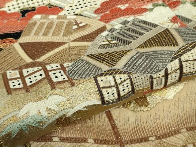 平和屋本店●最高級　中国三大刺繍　スワトウ刺繍　汕頭刺繍　相良刺繍　訪問着　渡橋風景花文　黒地　金通し地　本金箔　逸品　DZAB5647kh6