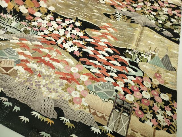 平和屋本店●最高級　中国三大刺繍　スワトウ刺繍　汕頭刺繍　相良刺繍　訪問着　渡橋風景花文　黒地　金通し地　本金箔　逸品　DZAB5647kh6