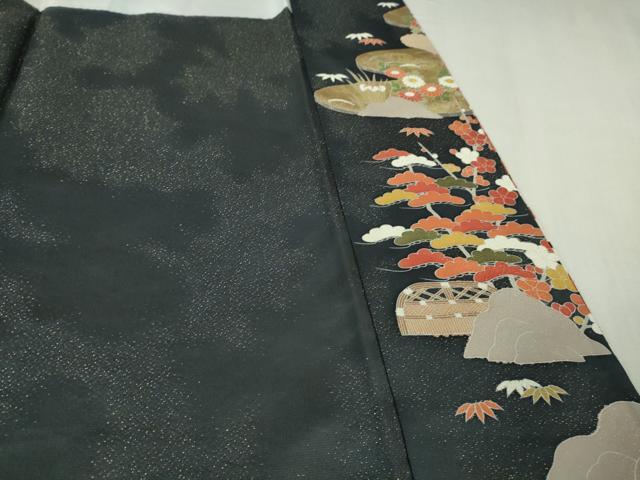 平和屋本店●最高級　中国三大刺繍　スワトウ刺繍　汕頭刺繍　相良刺繍　訪問着　渡橋風景花文　黒地　金通し地　本金箔　逸品　DZAB5647kh6