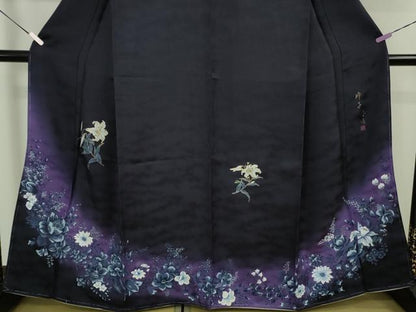 平和屋着物●極上　螺鈿作家　甲斐泰造　訪問着　百合　草花　紫黒色地　暈し染め　金彩　逸品　未使用　DZAB5648kh6