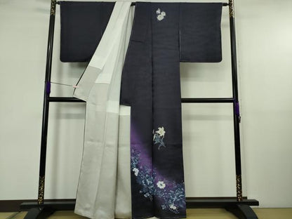 平和屋着物●極上　螺鈿作家　甲斐泰造　訪問着　百合　草花　紫黒色地　暈し染め　金彩　逸品　未使用　DZAB5648kh6