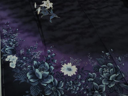 平和屋着物●極上　螺鈿作家　甲斐泰造　訪問着　百合　草花　紫黒色地　暈し染め　金彩　逸品　未使用　DZAB5648kh6
