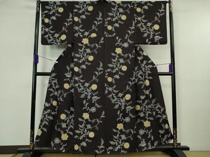 平和屋着物▽極上　小紋　単衣　型染　更紗花唐草文　紫黒色地　逸品　DZAB5656kh6