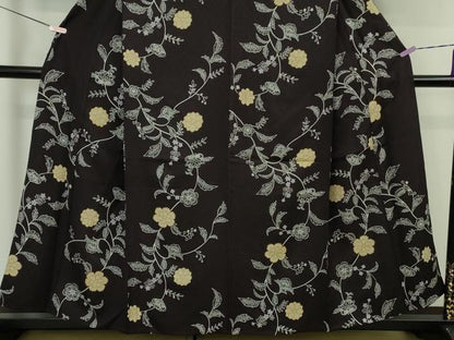 平和屋着物▽極上　小紋　単衣　型染　更紗花唐草文　紫黒色地　逸品　DZAB5656kh6