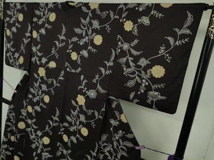 平和屋着物▽極上　小紋　単衣　型染　更紗花唐草文　紫黒色地　逸品　DZAB5656kh6
