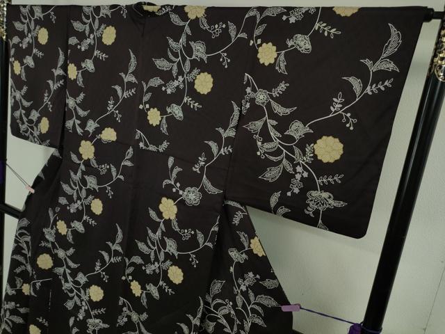 平和屋着物▽極上　小紋　単衣　型染　更紗花唐草文　紫黒色地　逸品　DZAB5656kh6