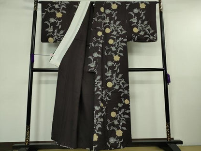 平和屋着物▽極上　小紋　単衣　型染　更紗花唐草文　紫黒色地　逸品　DZAB5656kh6