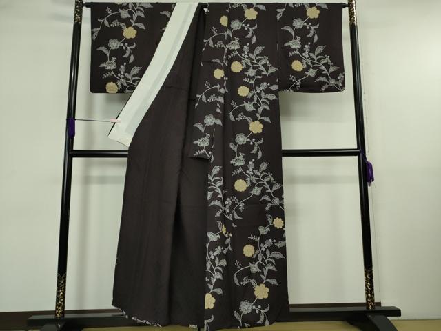 平和屋着物▽極上　小紋　単衣　型染　更紗花唐草文　紫黒色地　逸品　DZAB5656kh6