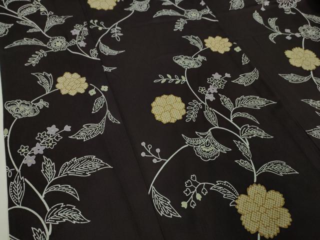 平和屋着物▽極上　小紋　単衣　型染　更紗花唐草文　紫黒色地　逸品　DZAB5656kh6