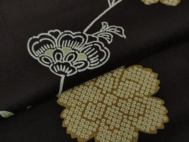 平和屋着物▽極上　小紋　単衣　型染　更紗花唐草文　紫黒色地　逸品　DZAB5656kh6
