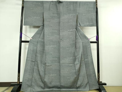 平和屋着物▽極上　江戸小紋　花織玉糸紬　単衣　横段花文　褐色×白　反端付き　ロング丈　逸品　DZAB5657kh6