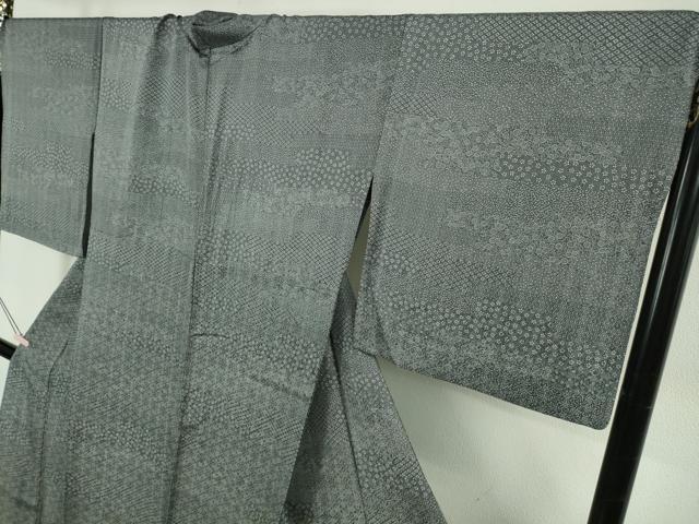 平和屋着物▽極上　江戸小紋　花織玉糸紬　単衣　横段花文　褐色×白　反端付き　ロング丈　逸品　DZAB5657kh6 平和屋着物▽極上 江戸小紋 花織玉糸紬 単衣 横段花文
