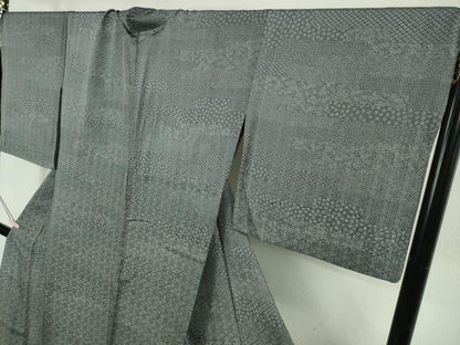 平和屋着物▽極上　江戸小紋　花織玉糸紬　単衣　横段花文　褐色×白　反端付き　ロング丈　逸品　DZAB5657kh6