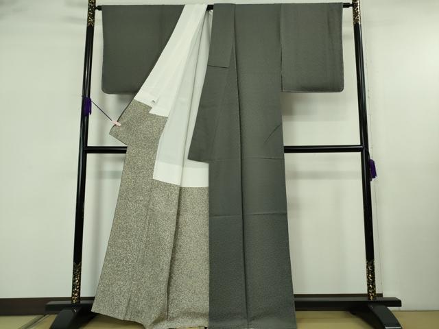 平和屋着物●極上　ろうけつ染め作家　齋藤良樹　色無地　お召地　唐草地紋　藍墨茶色　逸品　未使用　DZAB5668kh6