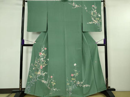 平和屋着物●極上　十日町友禅作家　岡村蒼風　訪問着　枝花文　木賊色地　逸品　未使用　DZAB5670kh6