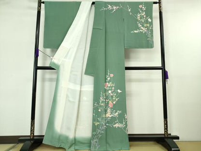 平和屋着物●極上　十日町友禅作家　岡村蒼風　訪問着　枝花文　木賊色地　逸品　未使用　DZAB5670kh6