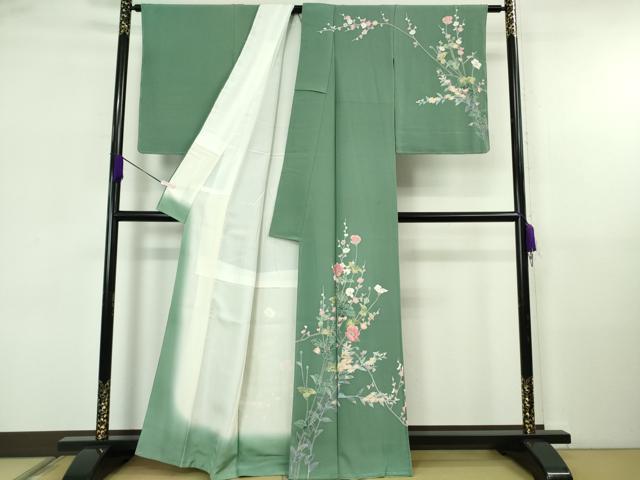 平和屋着物●極上　十日町友禅作家　岡村蒼風　訪問着　枝花文　木賊色地　逸品　未使用　DZAB5670kh6