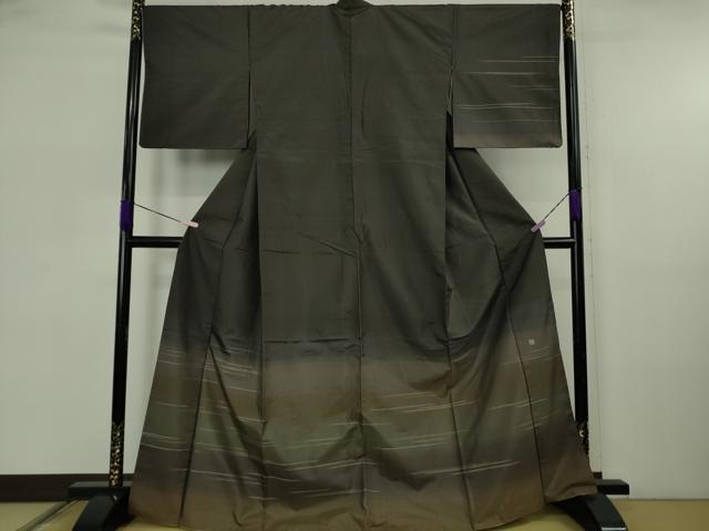 平和屋着物●極上　石川県指定無形文化財　牛首紬　白山工房　手織り　訪問着　作家物　刺繍　横縞　黒紅色地　逸品　DZAB5671kh6