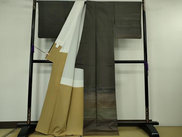 平和屋着物●極上　石川県指定無形文化財　牛首紬　白山工房　手織り　訪問着　作家物　刺繍　横縞　黒紅色地　逸品　DZAB5671kh6