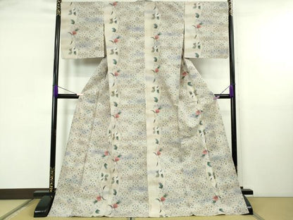 平和屋着物▽極上　小千谷紬　単衣　草花間道　ロング丈　逸品　未使用　DZAB5681kh6