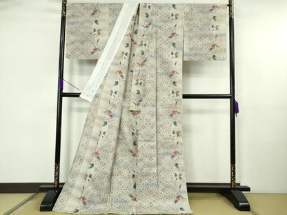 平和屋着物▽極上　小千谷紬　単衣　草花間道　ロング丈　逸品　未使用　DZAB5681kh6