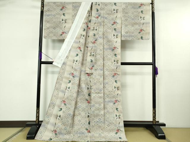 平和屋着物▽極上　小千谷紬　単衣　草花間道　ロング丈　逸品　未使用　DZAB5681kh6